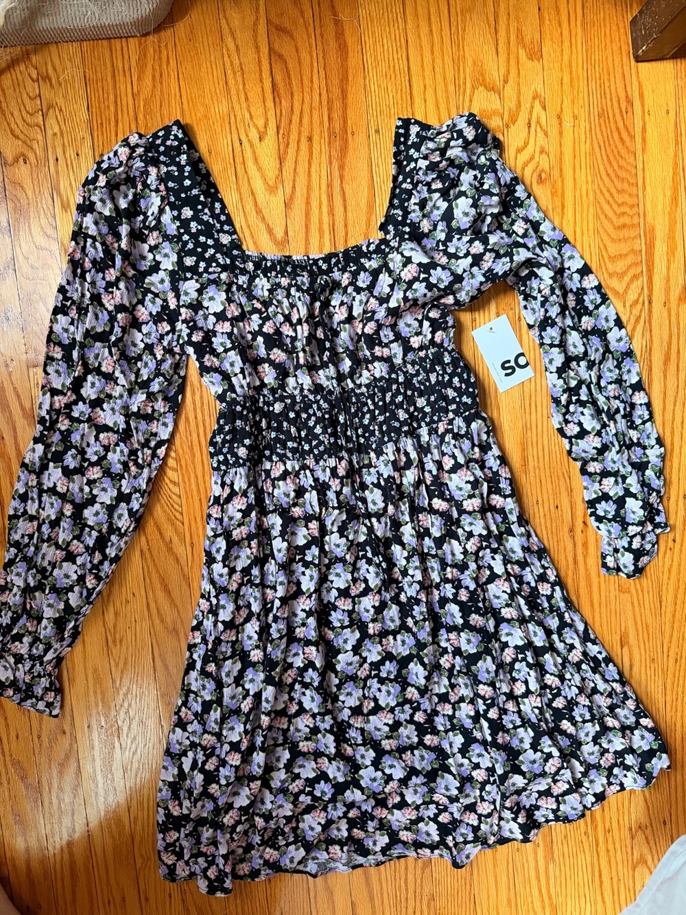 Black Floral Smocked Dress with Lavender and Pink Accents